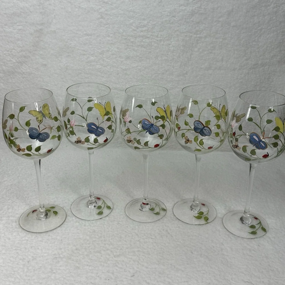 Lenox Butterfly Meadow Hand Painted Wine Glasses Water Goblets Set Of 5